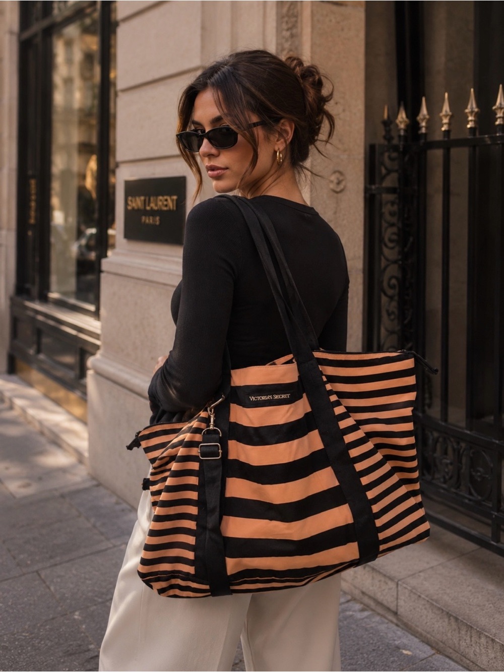 PINK Victoria's Secret Black and Tan Striped Tote
